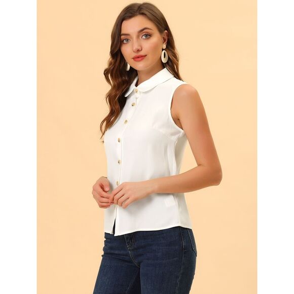 Tops Women's Sleeveless Peter Pan Collar Chambray Shirt White - Picture 5 of 5